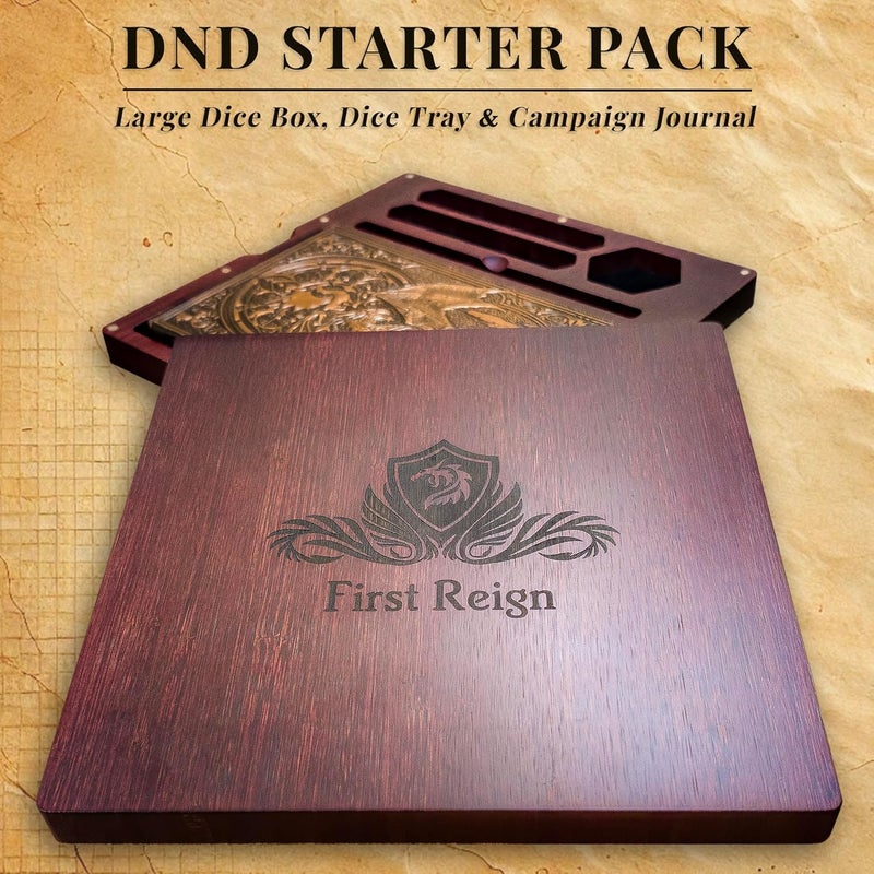 First Reign صينية نرد خشبية ودليل DnD | صندوق نرد كبير D&D مع صينية مزدوجة للتدوير وتخزين - يتسع لمجموعتين من نرد RPG، تمثال صغير وقلم رصاص (النرد والتمثال الصغير غير مدرجين) | ملحقات وهدايا RPG على الطاولة - Image 2